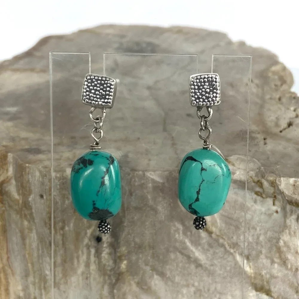 Sterling Silver 925 Southwest Style Beaded Turquoise Square Stud Dangle Earrings